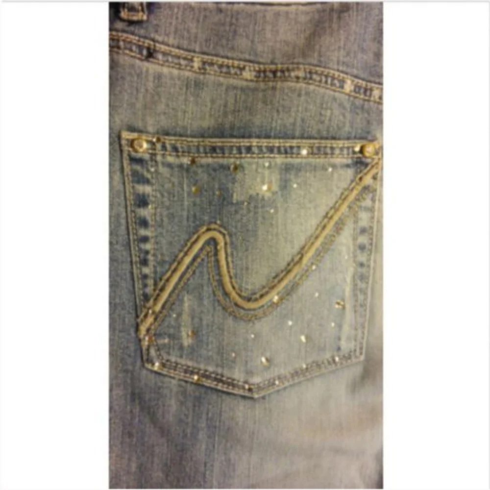 Cache Distressed Rhinestone Patches Bootcut Jeans - Picture 6 of 9